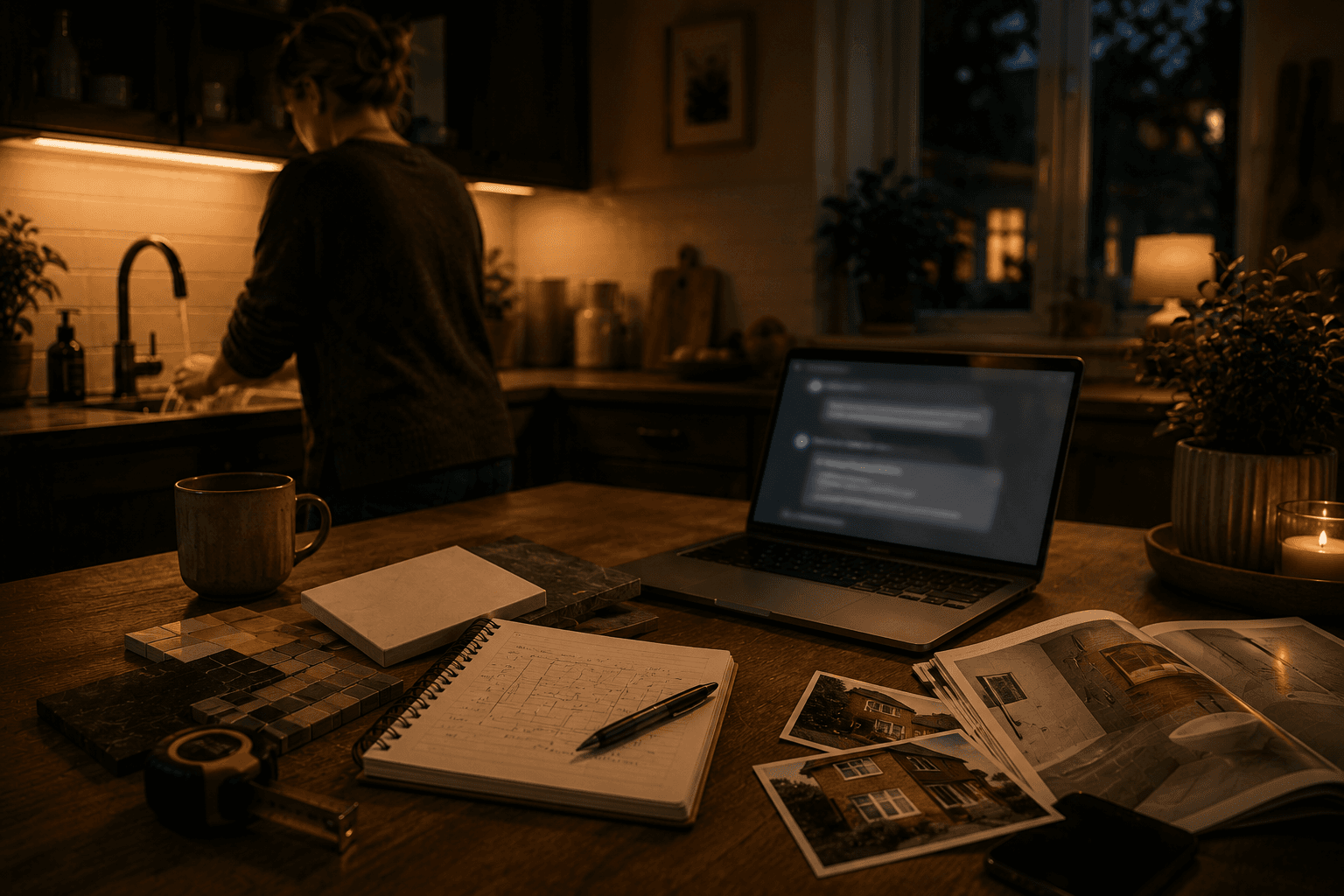 A homeowner considering renovation choices beside a laptop at a kitchen table